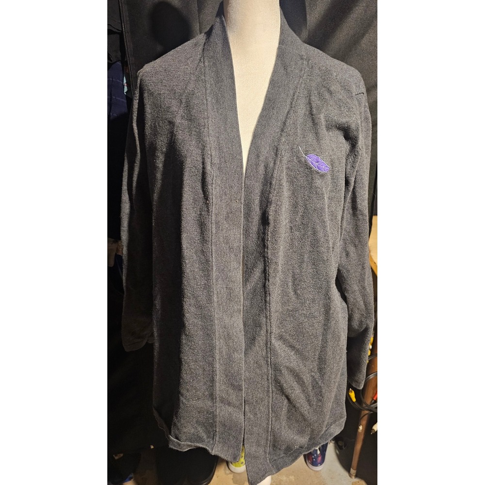 Edwards‎ gray open front cardigan with purple embroidered leaf